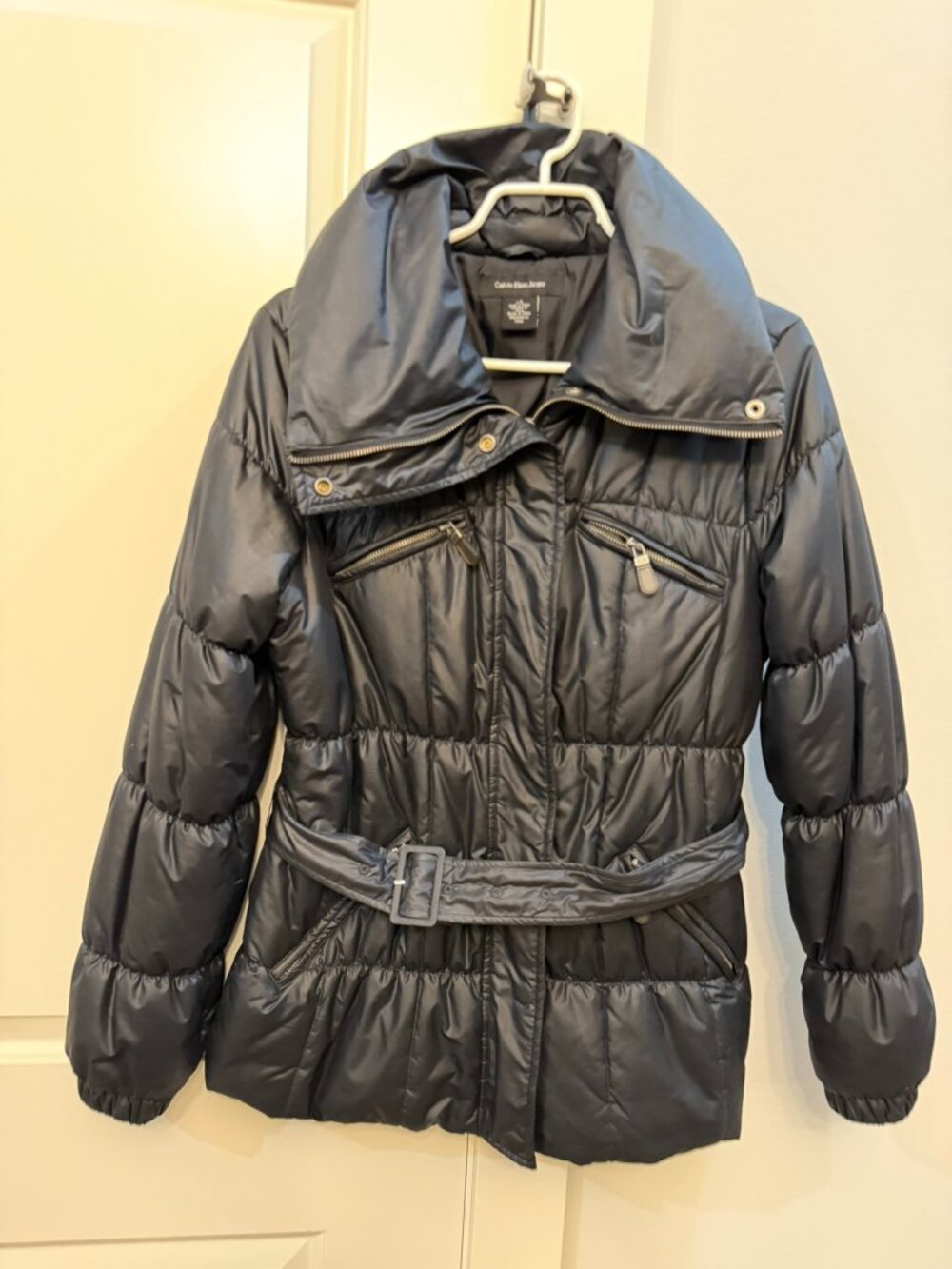 Calvin Klein Jeans Black Belted Puffer Jacket | Size Large | Oversized Collar